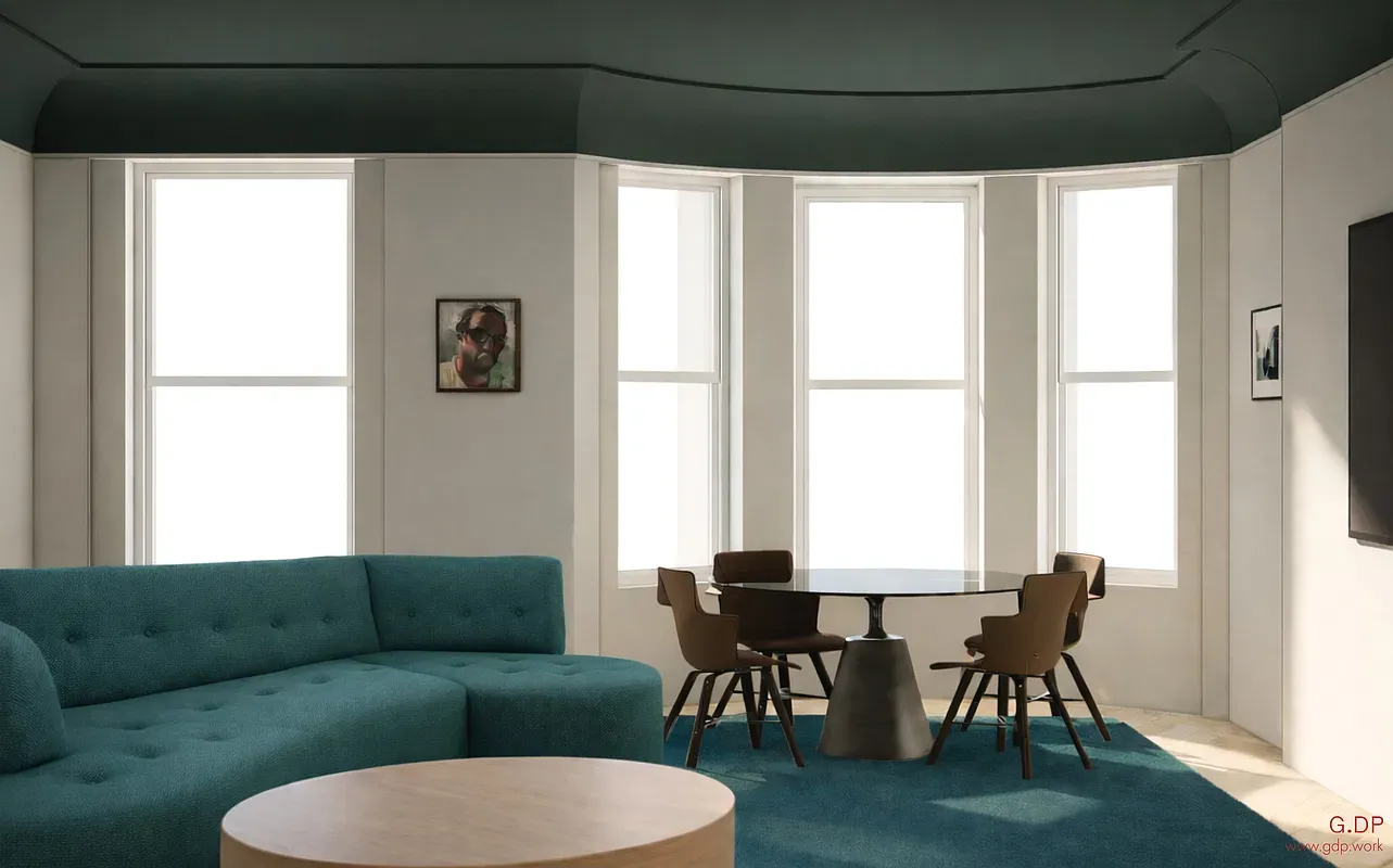 Design rendering of a bay-window living room at 128 West 121st Street