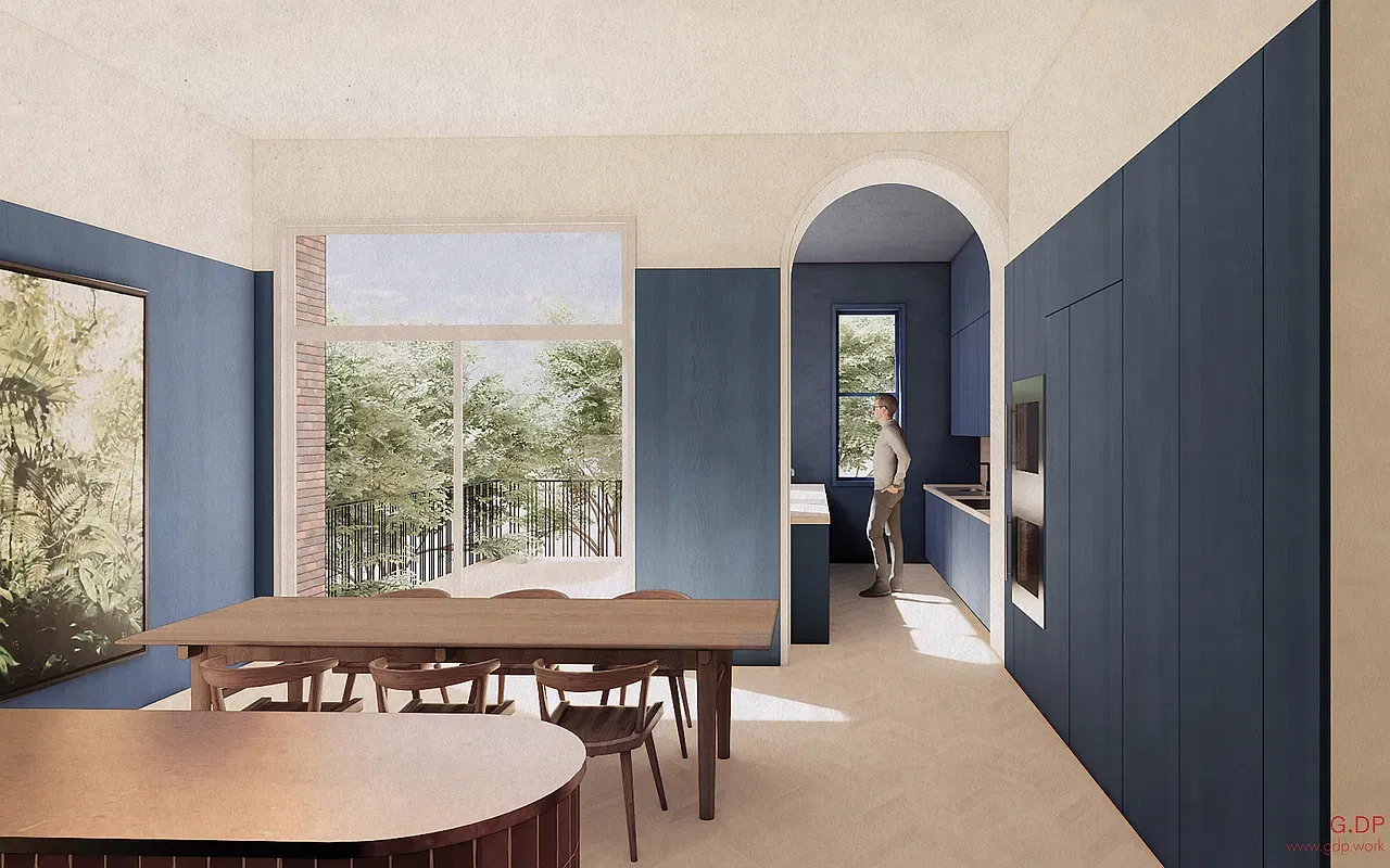 Design rendering of the kitchen and dining room opening to the garden at 128 West 121st Street