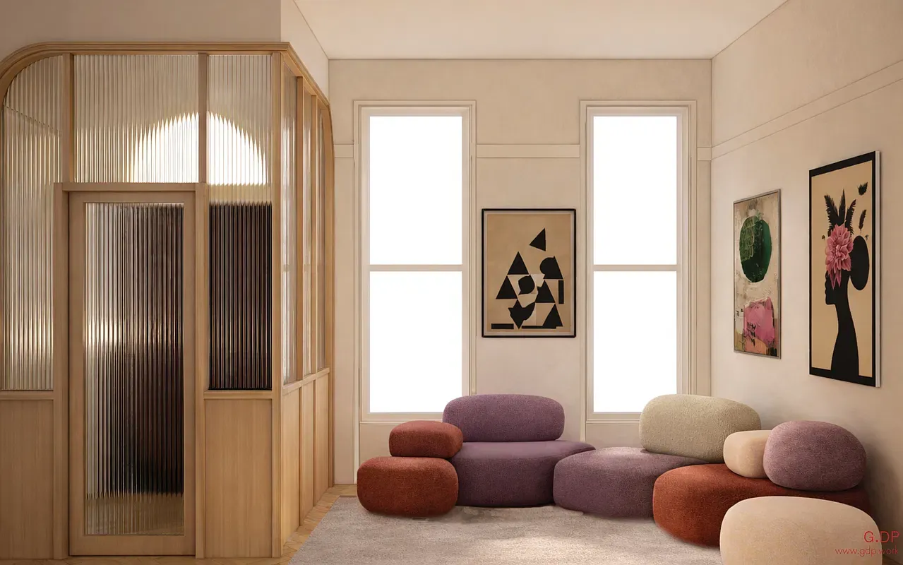 Design rendering of a finished living room at 128 West 121st Street