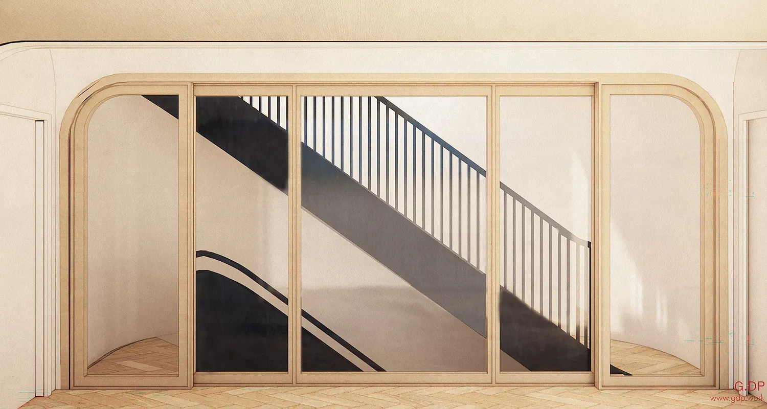 Design rendering of a new staircase and arched glass partition at 128 West 121st Street