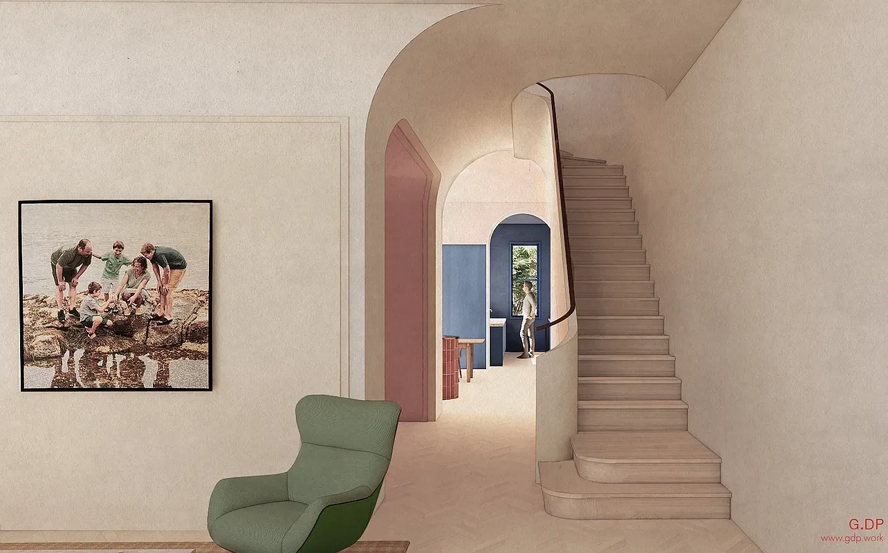 Design rendering of the renovated stair hall at 128 West 121st Street