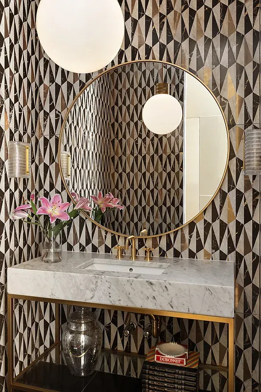 Powder room with patterned wallpaper at 26 West 95th Street