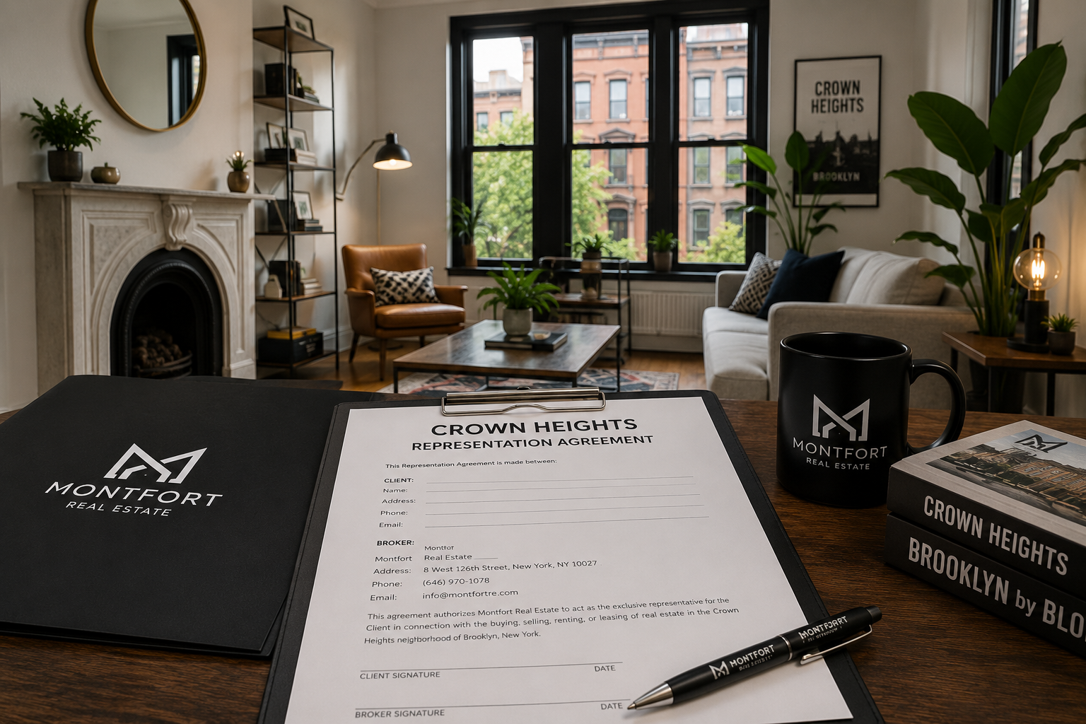 Crown Heights buyer representation agreement with modern apartment interior and real estate consultation workspace in Brooklyn NYC