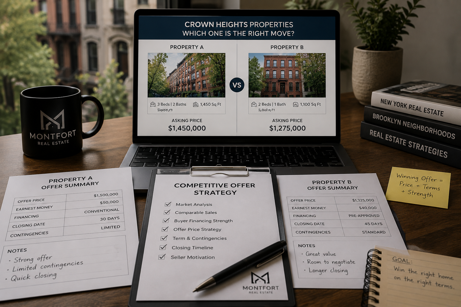 Competitive real estate offer comparison for Crown Heights Brooklyn properties with pricing analysis, offer strategy documents and buyer negotiation workspace