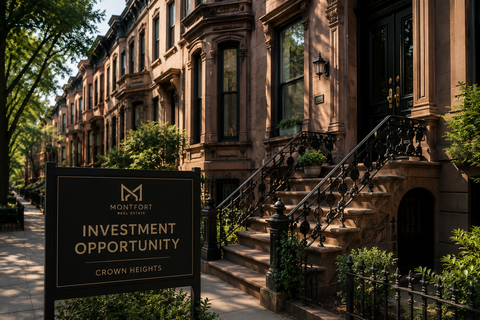 Crown Heights brownstone investment opportunity with historic Brooklyn brownstones and real estate investment sign in New York City