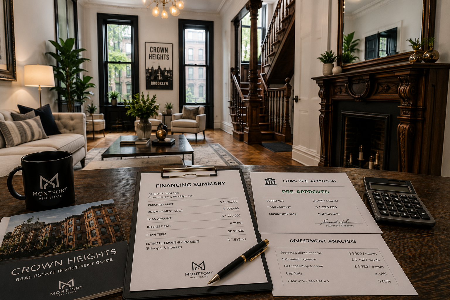 Crown Heights brownstone interior with mortgage financing documents, loan pre-approval paperwork and real estate investment planning in Brooklyn NYC