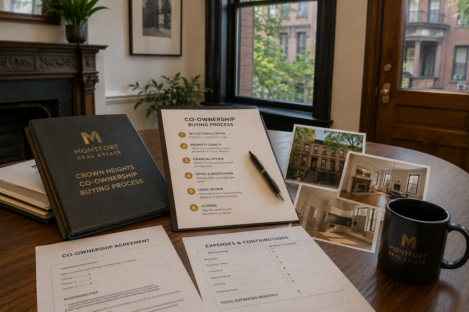 Crown Heights co-ownership buying process with real estate documents, property photos, and homeownership paperwork for affordable shared ownership in Brooklyn