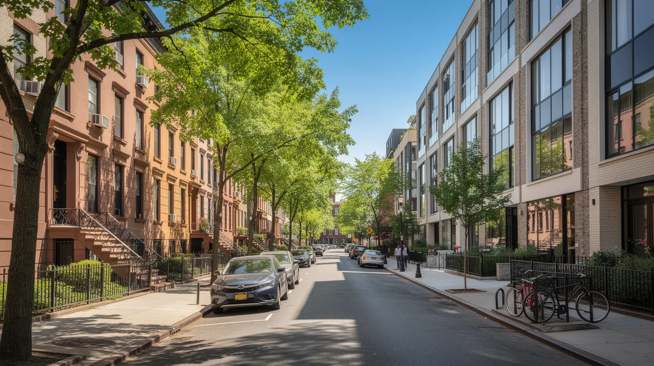 The image depicts a picturesque tree-lined street in Crown Heights, Brooklyn, featuring charming brownstone buildings alongside modern Brooklyn NY condos under a clear blue sky. This residential area showcases the blend of historic architecture and contemporary real estate developments, ideal for those searching for homes in the vibrant Brooklyn market.