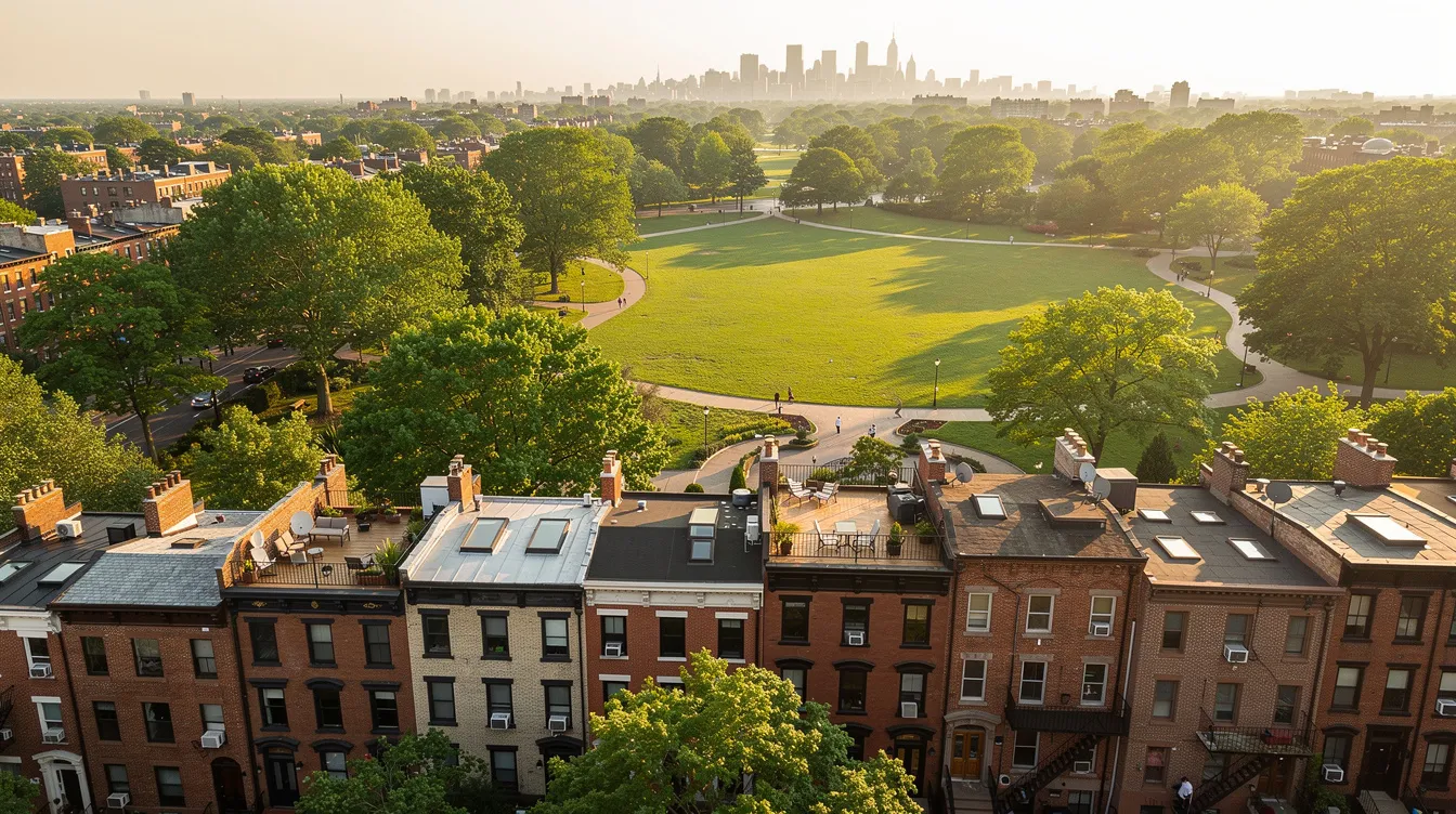 An aerial view captures the charming brownstone rooftops of Brooklyn, with lush green trees and a park visible in the background, showcasing the vibrant community of Crown Heights. This picturesque scene reflects the appeal of Brooklyn NY condos and the real estate market in this iconic neighborhood.
