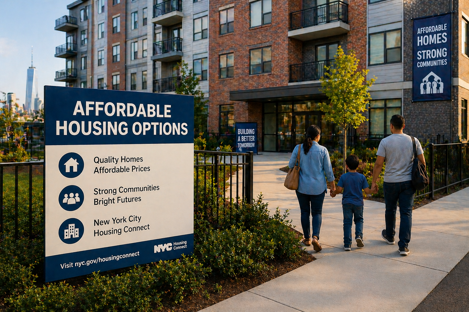 Affordable housing options in New York City with residential building and family walking in modern apartment community