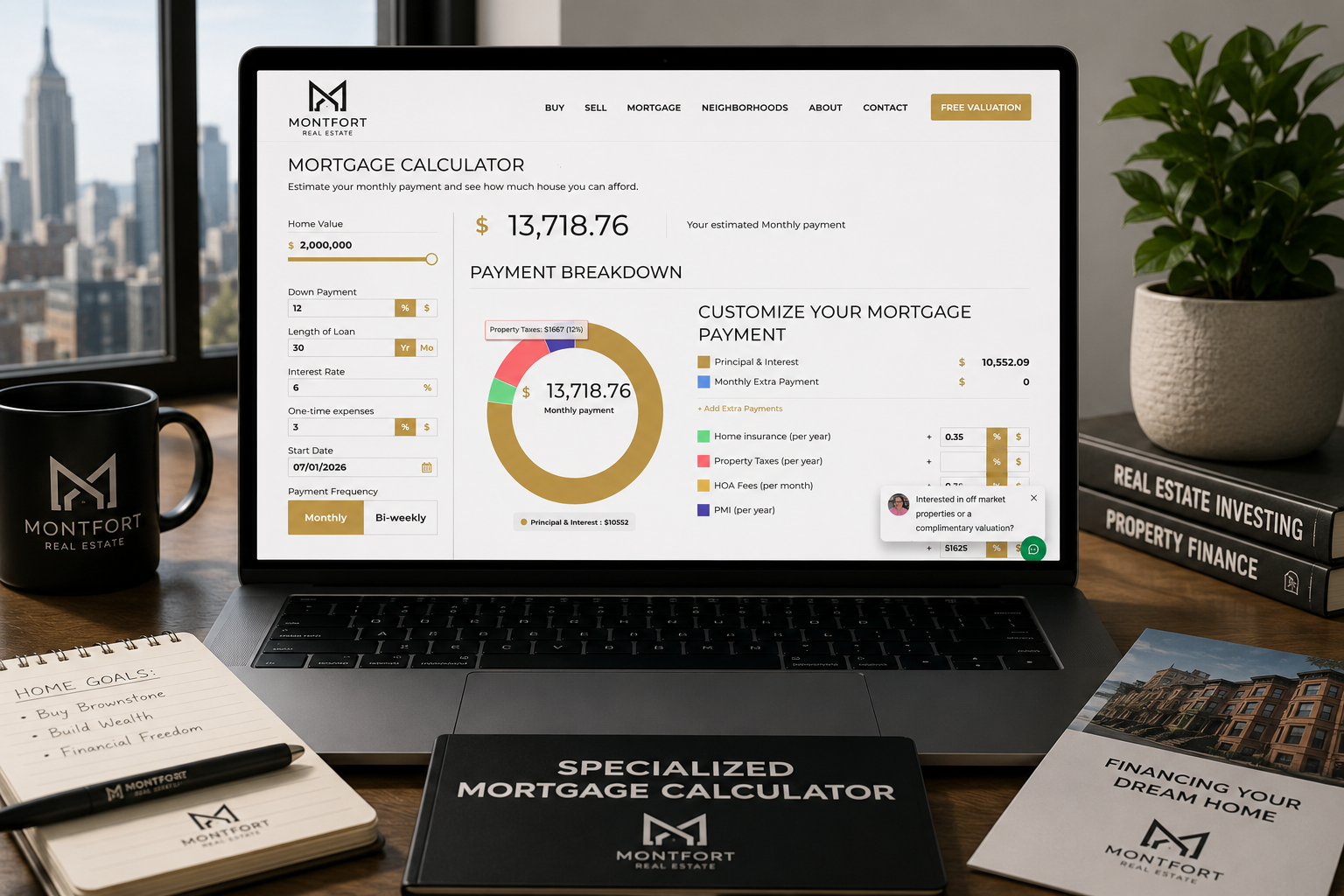 Specialized NYC mortgage calculator displayed on a laptop with home financing documents, calculator and real estate planning materials