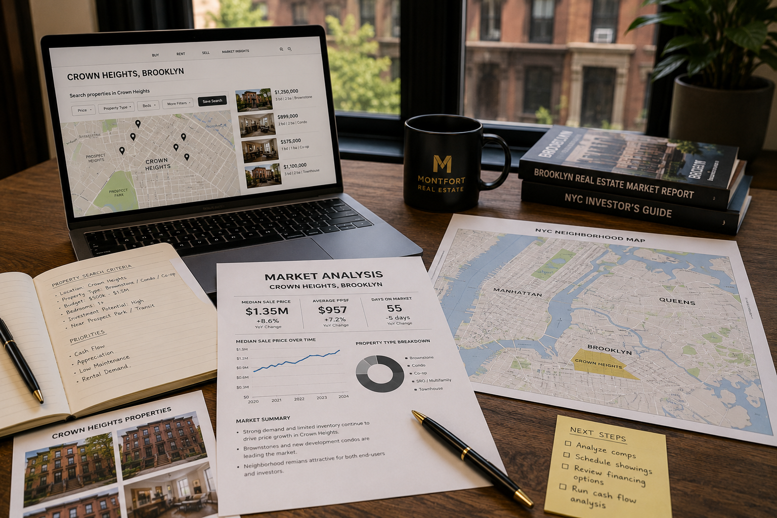 Property search and market analysis workspace featuring NYC neighborhood maps, Crown Heights real estate listings, and investment reports for informed home buying decisions