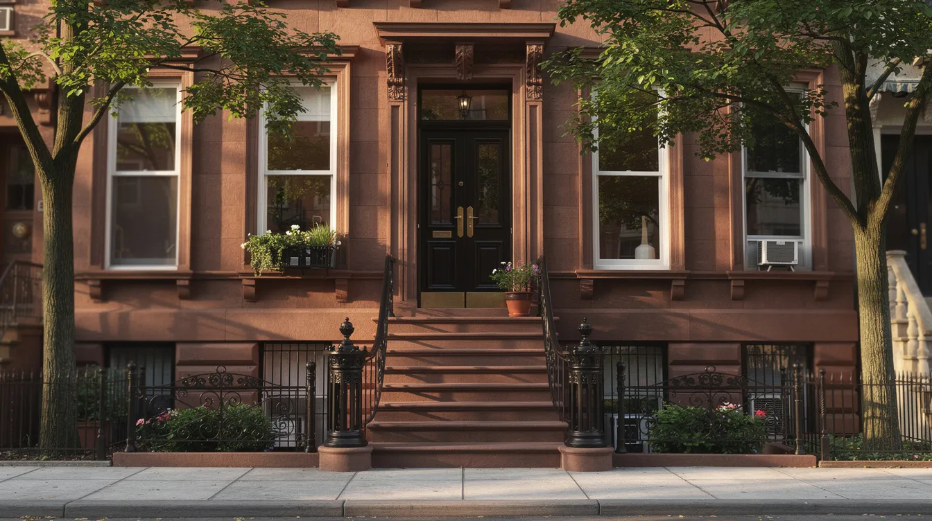 The image showcases a classic New York City brownstone facade, featuring a charming stoop and ornate iron railings, set against a picturesque tree-lined street. This iconic property exemplifies the architectural beauty of brownstone homes in historic districts, appealing to potential buyers interested in single family homes or rental properties.