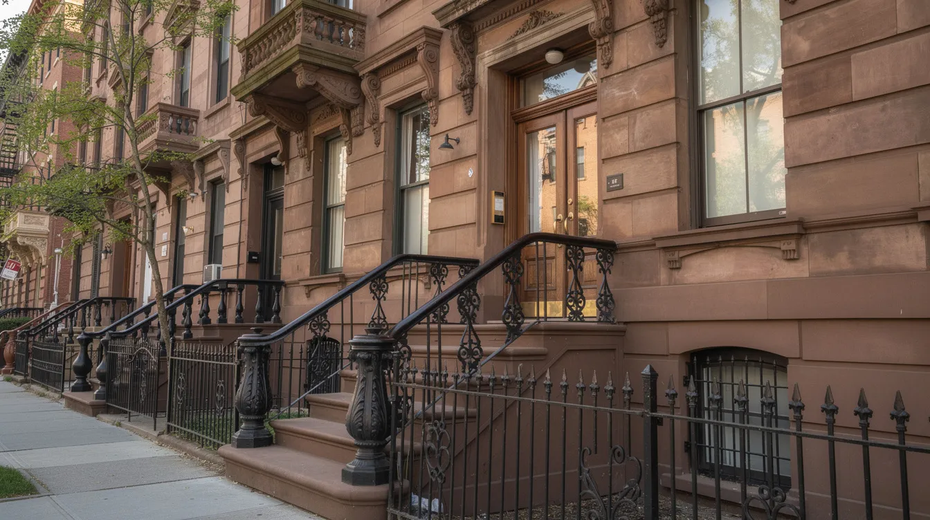 The image depicts the exterior of a charming brownstone building in a Brooklyn neighborhood, showcasing intricate cornice work and elegant iron stoop railings. This classic architectural style reflects the historic charm of New York City brownstones, making them desirable properties for both owners and investors.