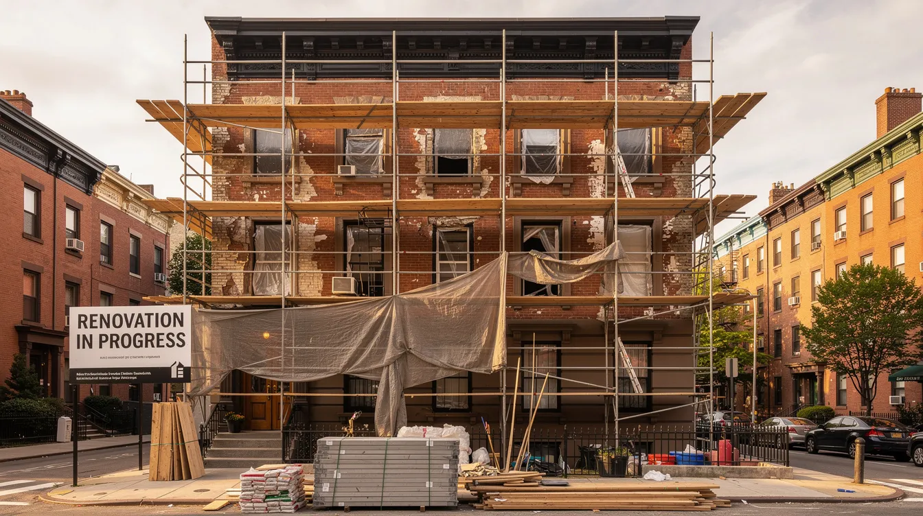 The image depicts a brownstone townhouse in New York City undergoing renovation, with scaffolding covering its facade. This historic property, typical of the city's brownstones, is likely being prepared for extensive repairs to enhance its appeal as a single-family home or rental property.