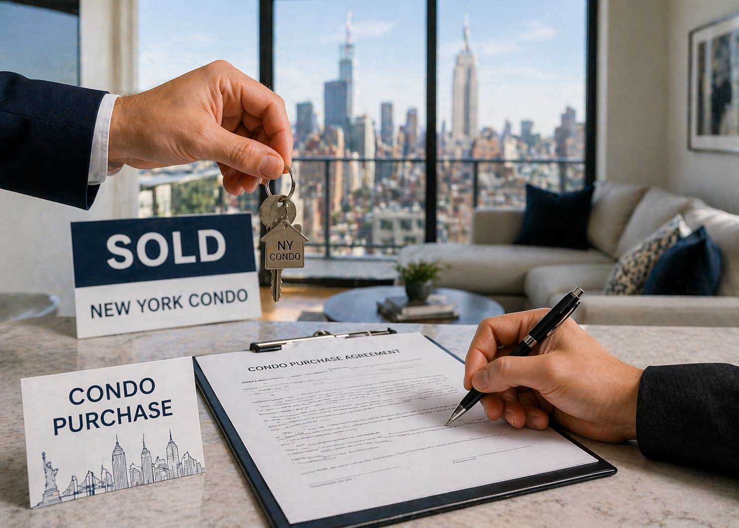 NYC condo purchase closing with buyer signing contract and receiving keys in a modern New York apartment
