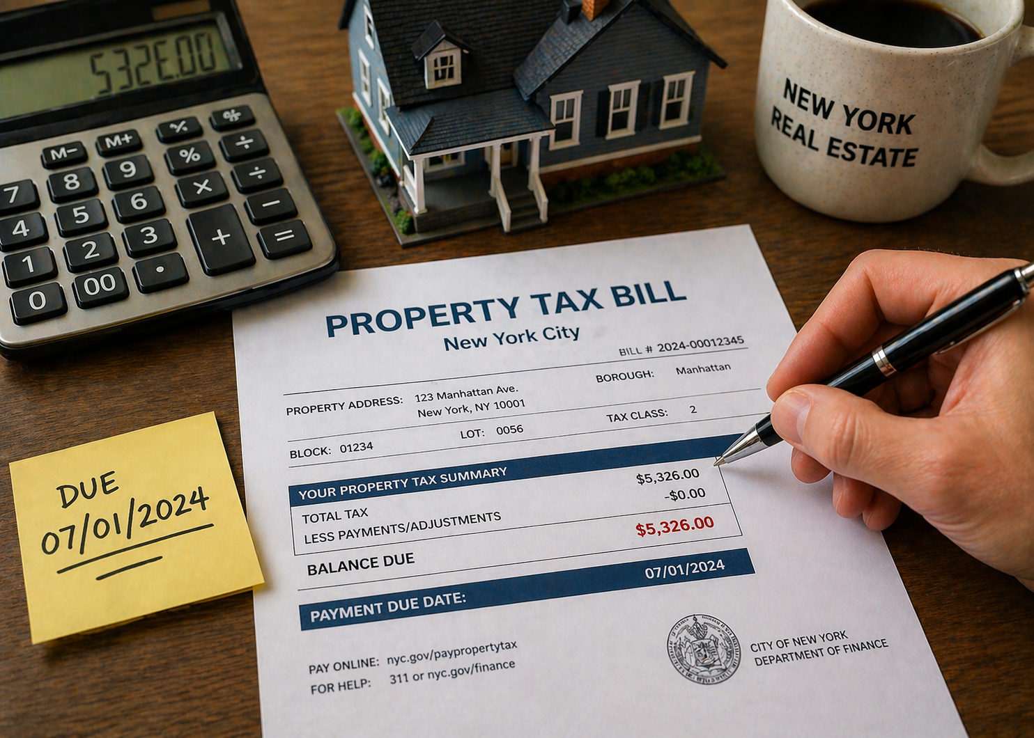 New York City property tax bill showing balance due and payment deadline with real estate documents and calculator