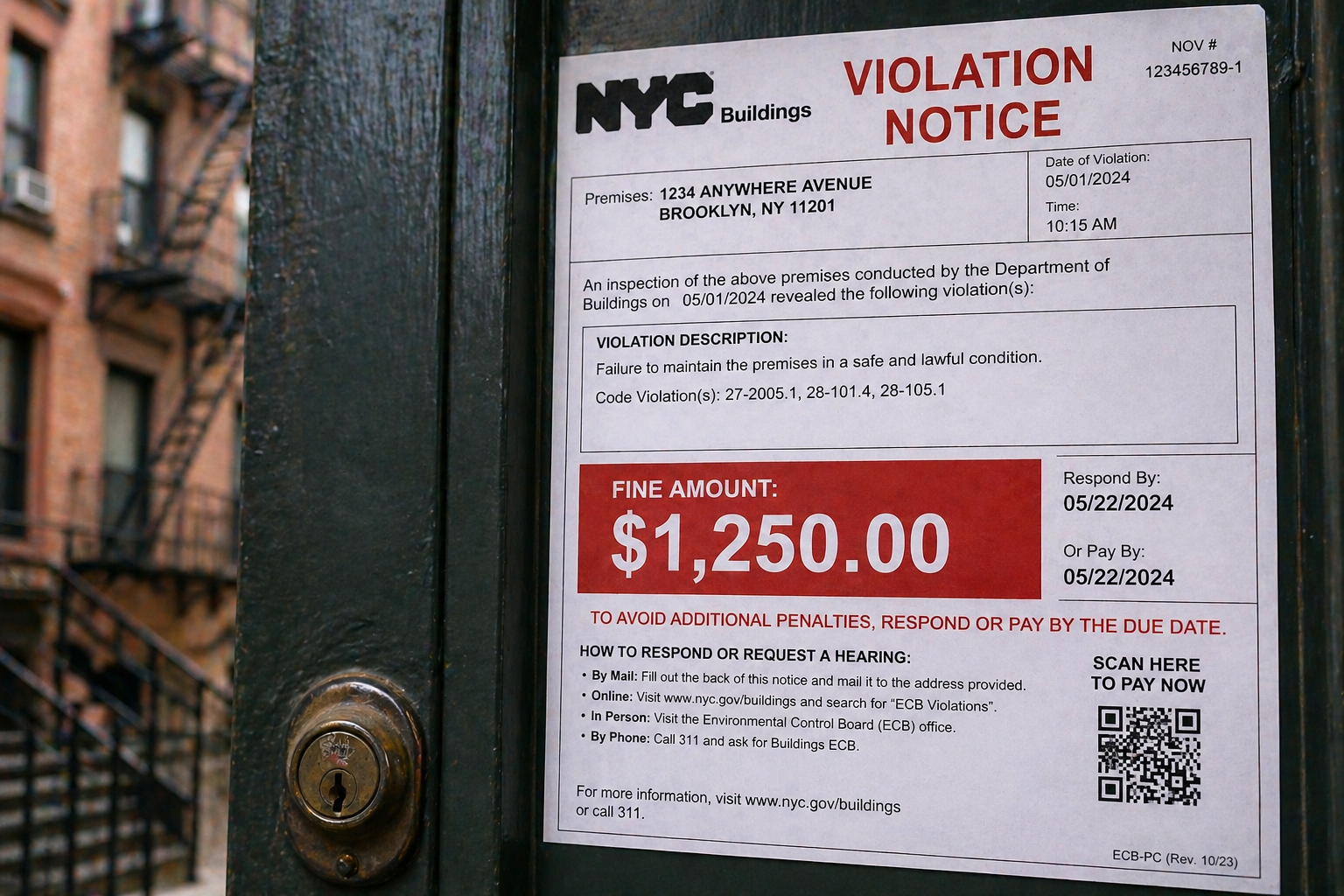 NYC building code violation notice showing fine amount for property compliance issue in New York City