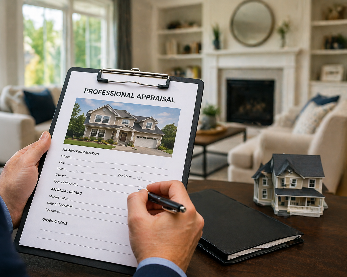 Professional home appraisal with real estate appraiser completing property valuation report inside residential home