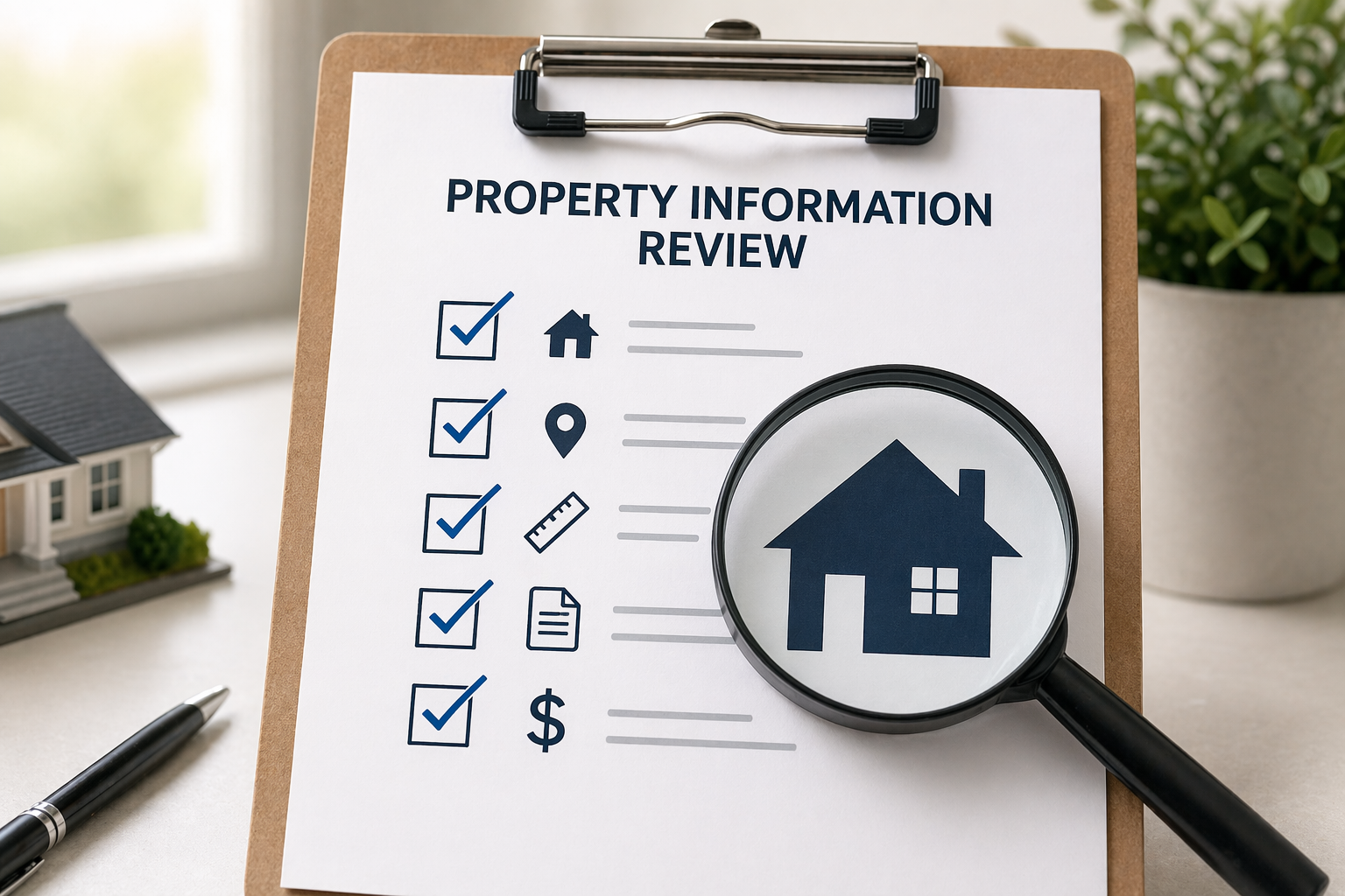 Home valuation process showing property information review checklist and house inspection for real estate appraisal and accurate home value estimate