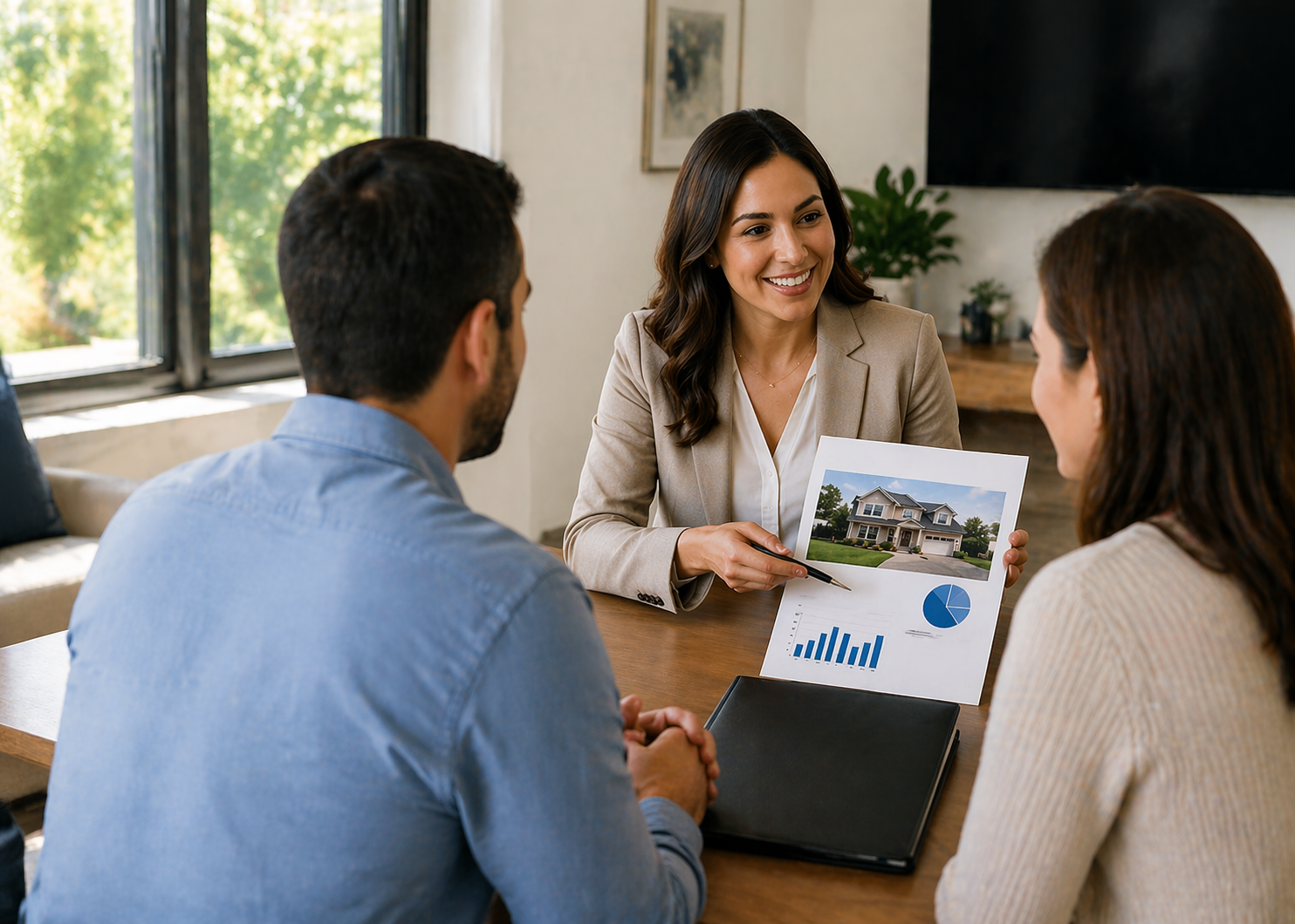 Real estate listing agent presenting home marketing strategy to sellers during property listing consultation