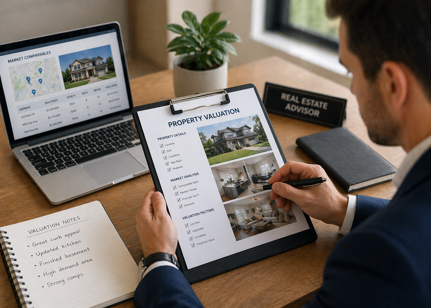 Real estate agent reviewing property valuation checklist with home photos and market comparables for accurate home appraisal