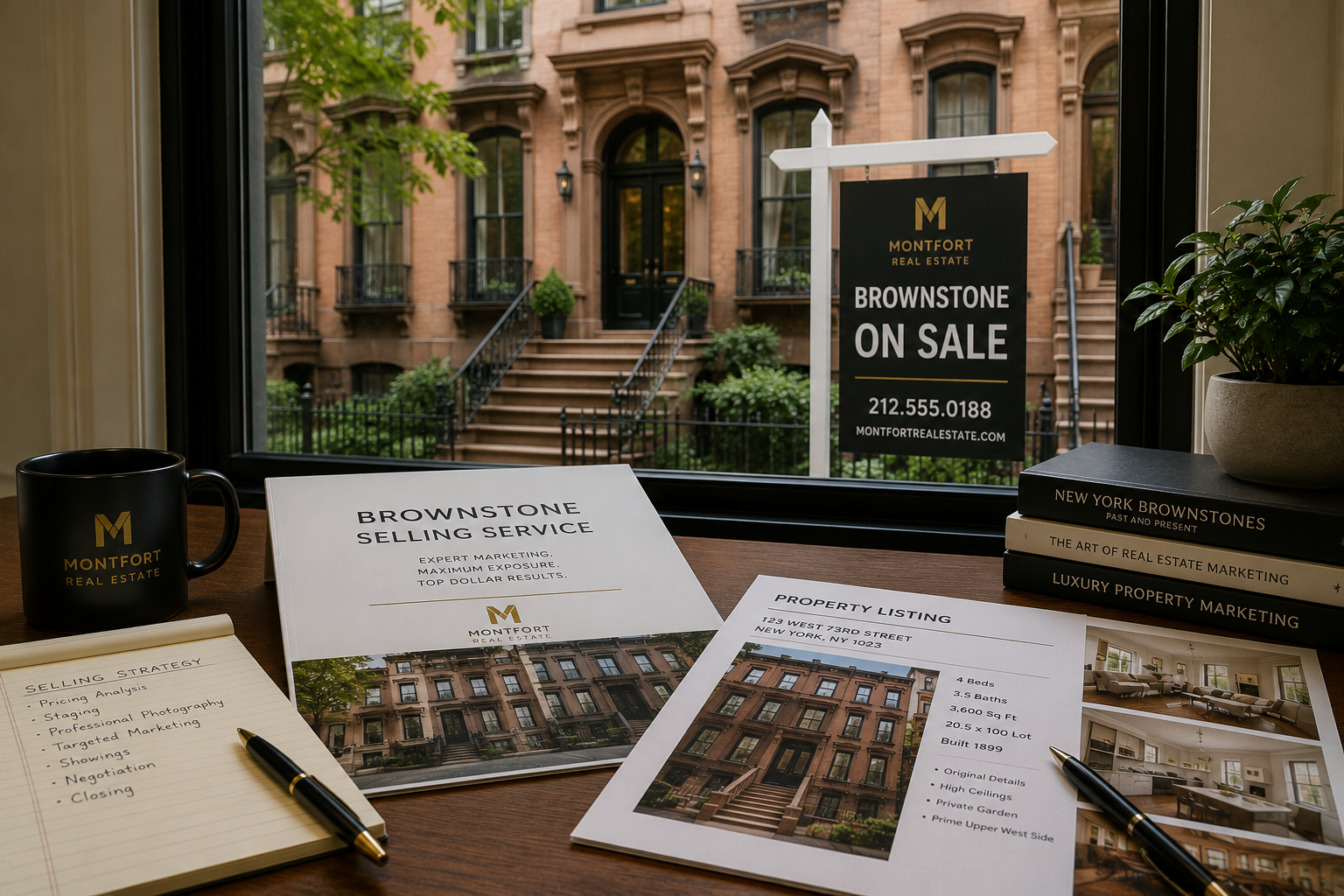Brownstone selling service featuring Manhattan brownstone listing, for sale sign, and real estate marketing documents for maximizing property value in NYC